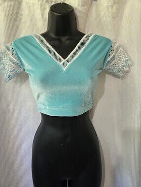 Vintage-Inspired Turquoise Velvet Lace Trim Crop Top - Women's